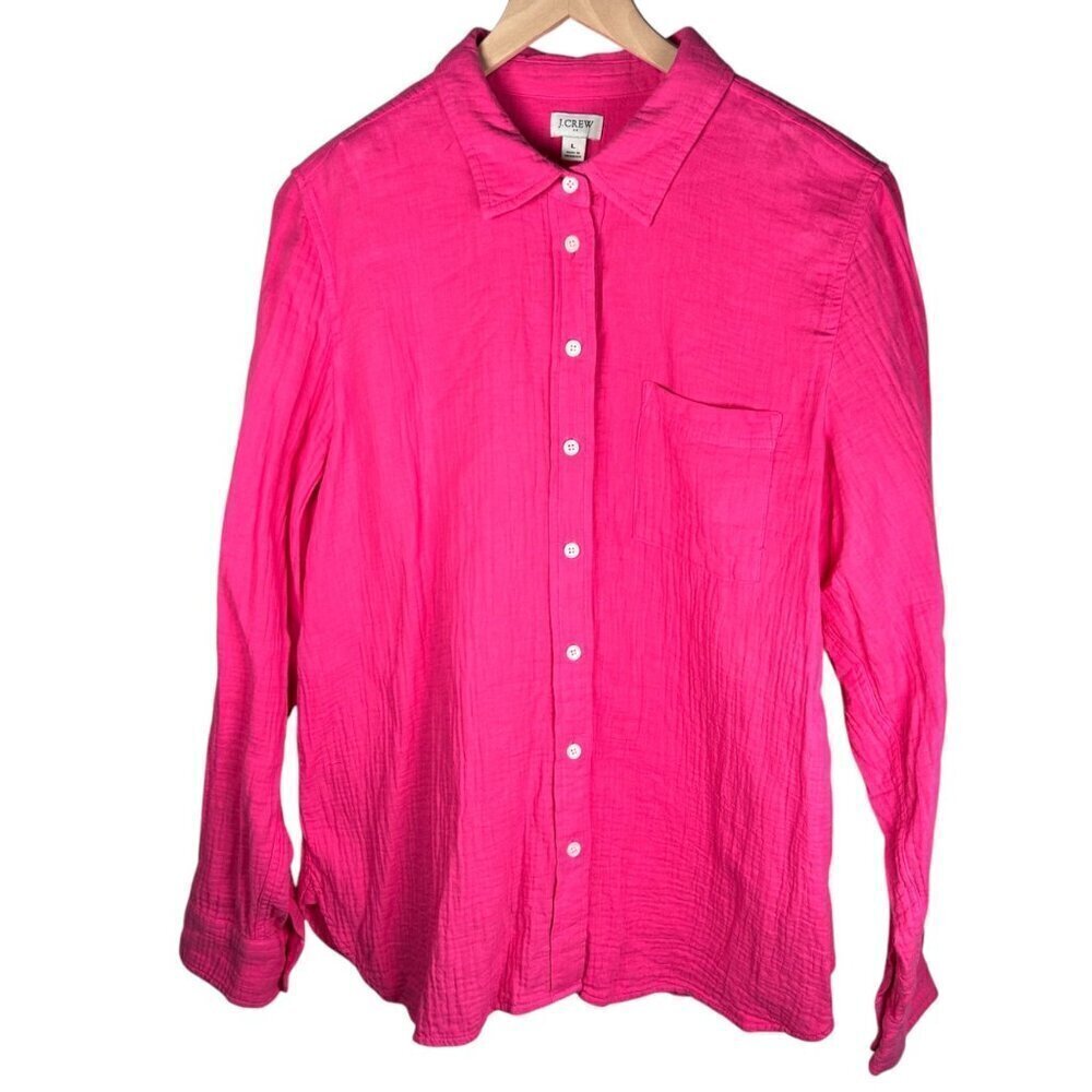 J.Crew Size Large Hot Pink Blouse Button Up Top Coastal Cotton Beach
